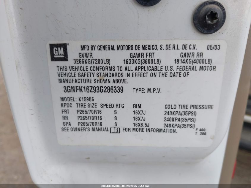 2003 Chevrolet Suburban 1500 Ls VIN: 3GNFK16Z93G286339 Lot: 43335308