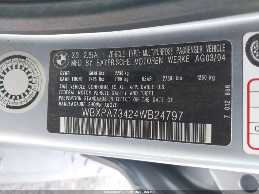 2004 BMW X3 2.5I VIN: WBXPA73424WB24797 Lot: 43335313