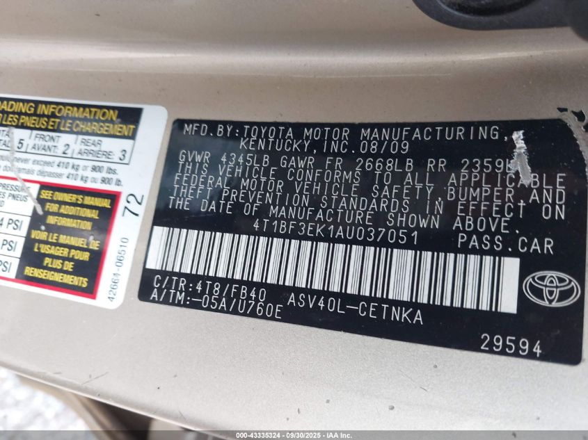 2010 Toyota Camry VIN: 4T1BF3EK1AU037051 Lot: 43335324