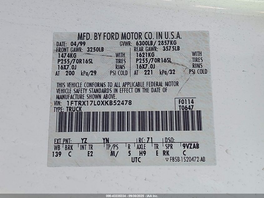 1999 Ford F-150 Lariat/Xl/Xlt VIN: 1FTRX17L0XKB52478 Lot: 43335334