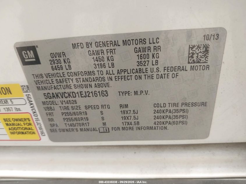 2014 Buick Enclave Premium VIN: 5GAKVCKD1EJ216163 Lot: 43335338