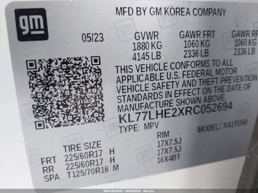 2024 Chevrolet Trax Fwd Lt VIN: KL77LHE2XRC052694 Lot: 43335351