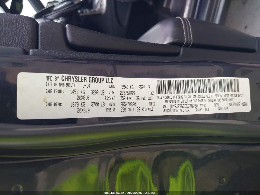 2014 Jeep Grand Cherokee Limited VIN: 1C4RJFBG9EC378700 Lot: 43335352