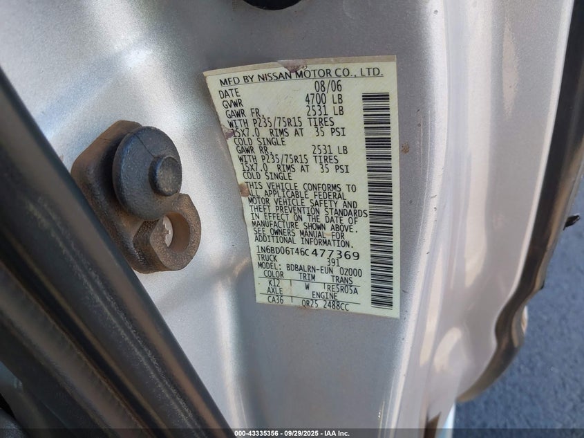 2006 Nissan Frontier Xe VIN: 1N6BD06T46C477369 Lot: 43335356