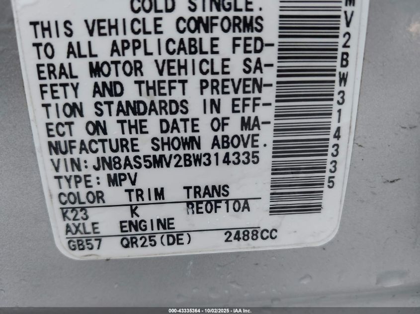 2011 Nissan Rogue S VIN: JN8AS5MV2BW314335 Lot: 43335364