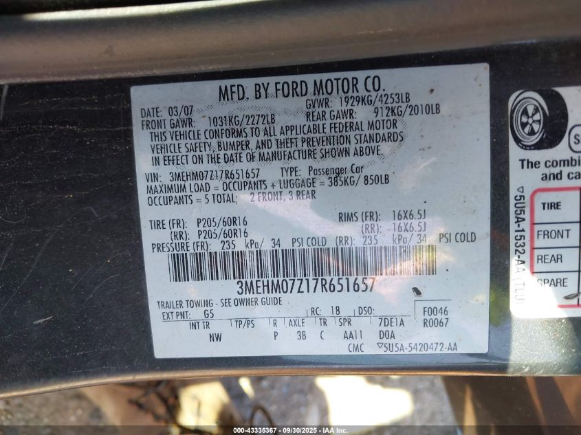 2007 Mercury Milan I4 VIN: 3MEHM07Z17R651657 Lot: 43335367