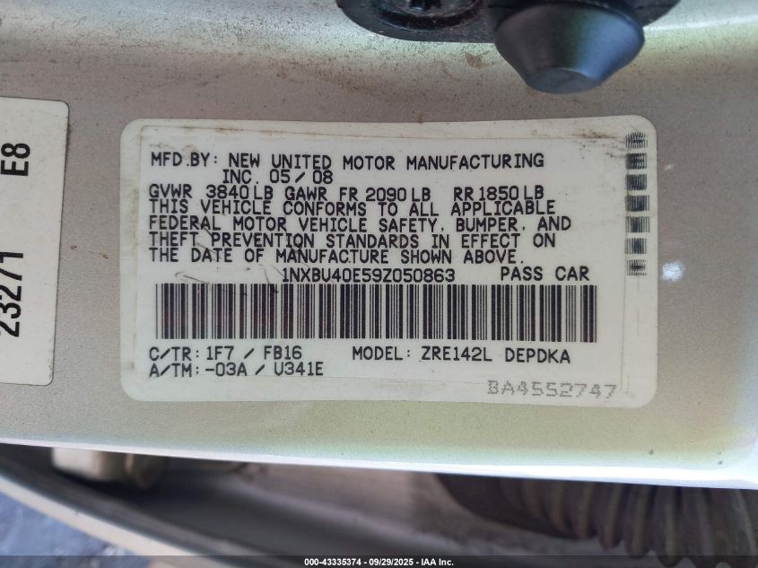 2009 Toyota Corolla Le VIN: 1NXBU40E59Z050863 Lot: 43335374