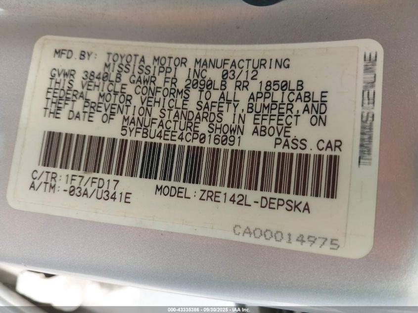 2012 Toyota Corolla S VIN: 5YFBU4EE4CP016091 Lot: 43335386