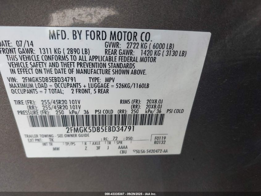 2014 Ford Flex Limited VIN: 2FMGK5D85EBD34791 Lot: 43335387