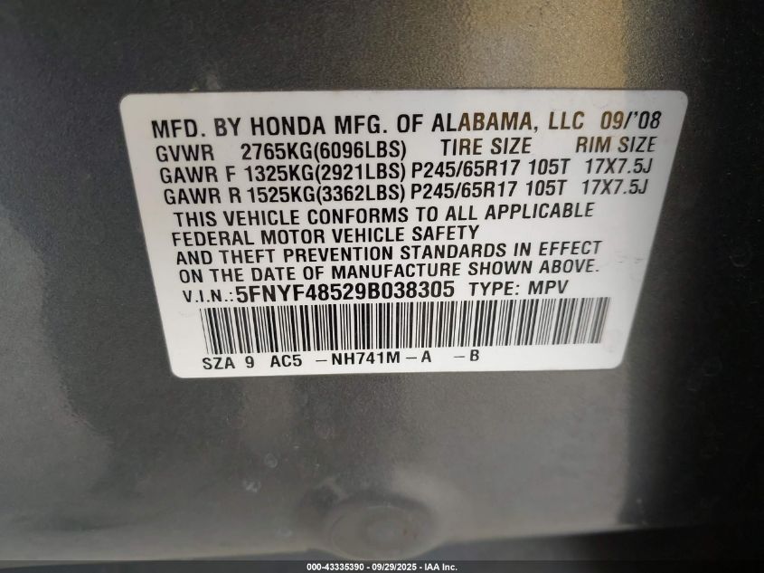 2009 Honda Pilot Ex-L VIN: 5FNYF48529B038305 Lot: 43335390