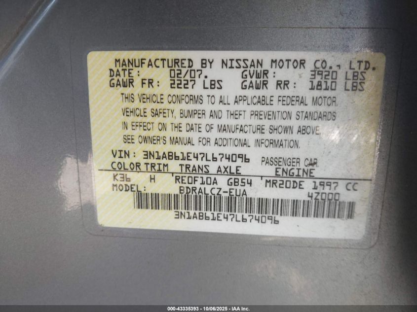 2007 Nissan Sentra 2.0 VIN: 3N1AB61E47L674096 Lot: 43335393