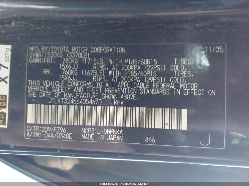 2006 Scion Xb VIN: JTLKT324664054670 Lot: 43335397