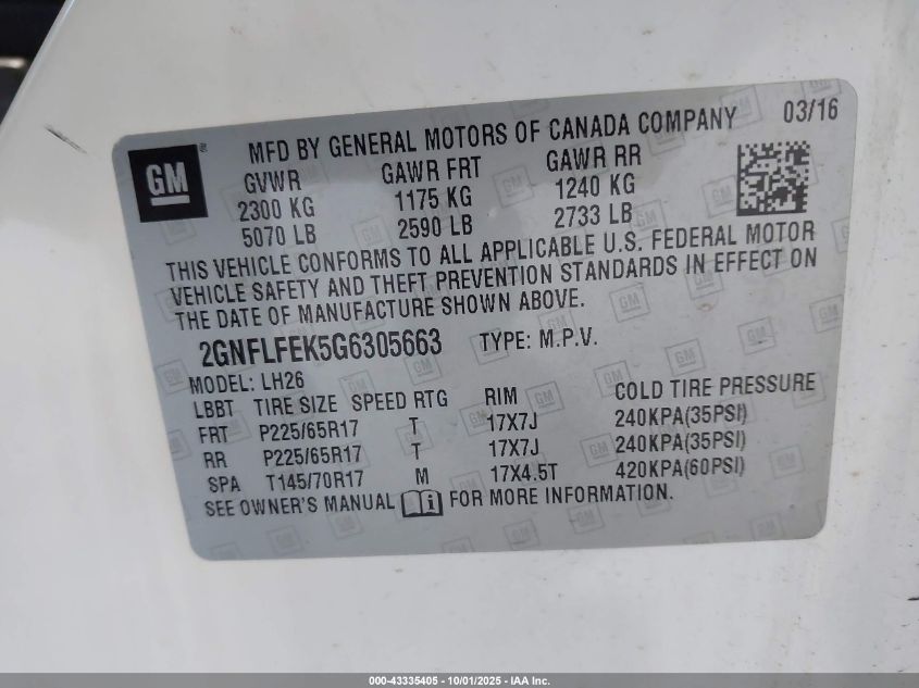 2016 Chevrolet Equinox Lt VIN: 2GNFLFEK5G6305663 Lot: 43335405