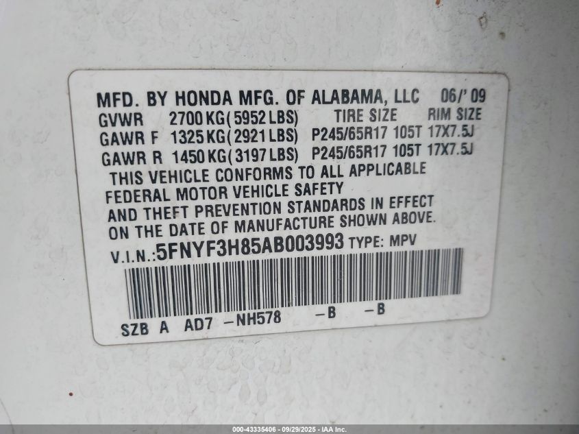 2010 Honda Pilot Touring VIN: 5FNYF3H85AB003993 Lot: 43335406