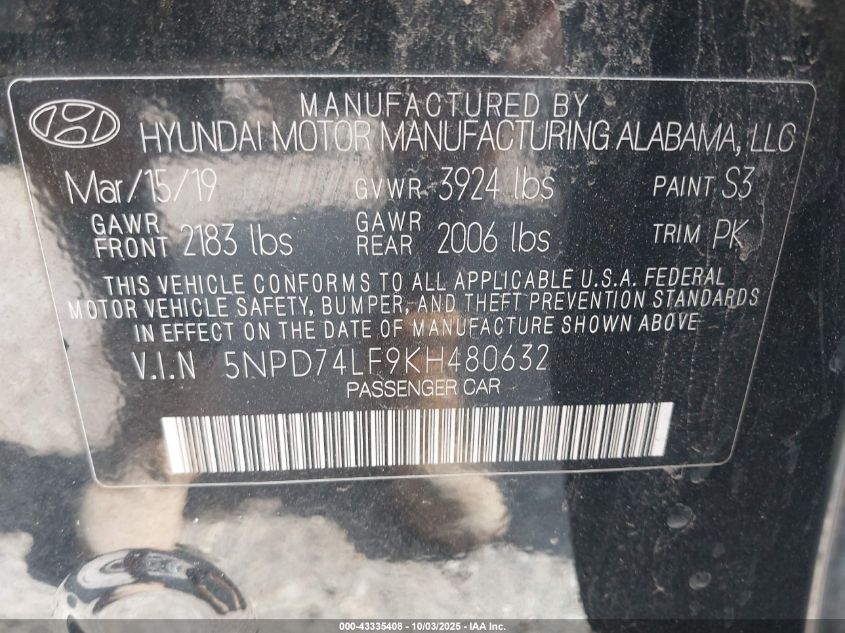 2019 Hyundai Elantra Se VIN: 5NPD74LF9KH480632 Lot: 43335408