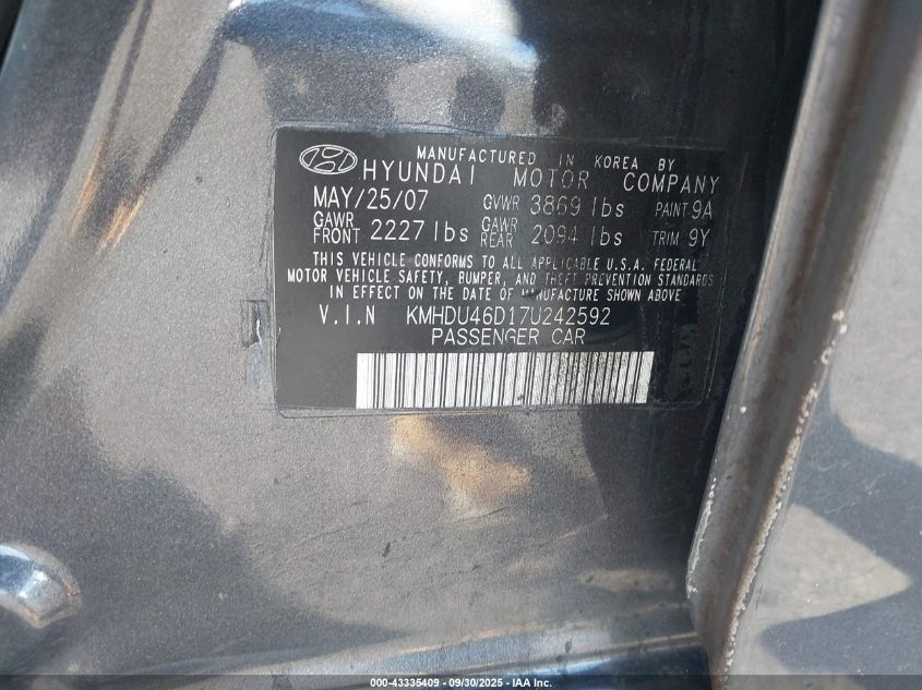 2007 Hyundai Elantra Gls/Limited/Se VIN: KMHDU46D17U242592 Lot: 43335409