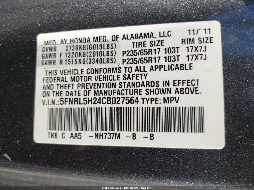 2012 Honda Odyssey Lx VIN: 5FNRL5H24CB027564 Lot: 43335421