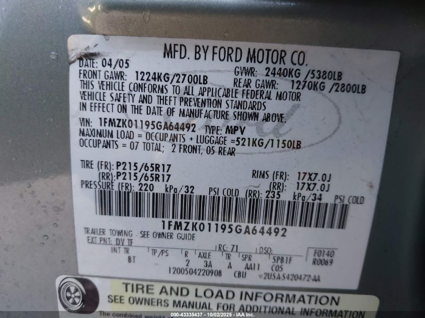 2005 Ford Freestyle Se VIN: 1FMZK01195GA64492 Lot: 43335437