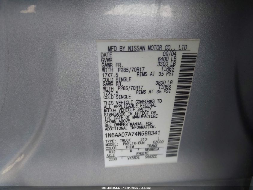 2004 Nissan Titan Se VIN: 1N6AA07A74N588341 Lot: 43335447
