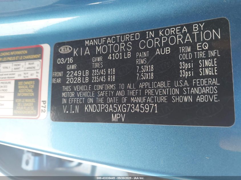 2016 Kia Soul + VIN: KNDJP3A5XG7345971 Lot: 43335449