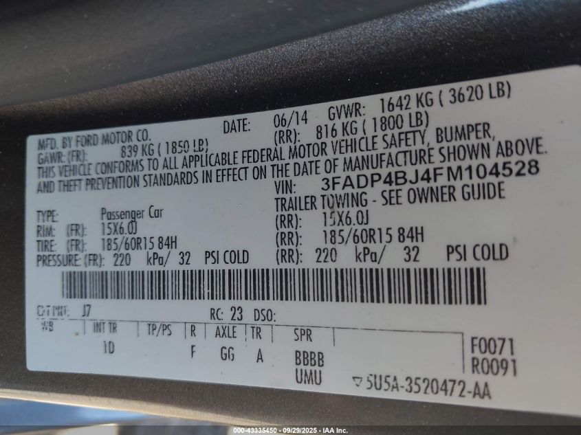 2015 Ford Fiesta Se VIN: 3FADP4BJ4FM104528 Lot: 43335450