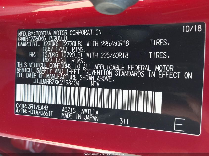 2019 Lexus Nx 300 VIN: JTJBARBZXK2198404 Lot: 43335452