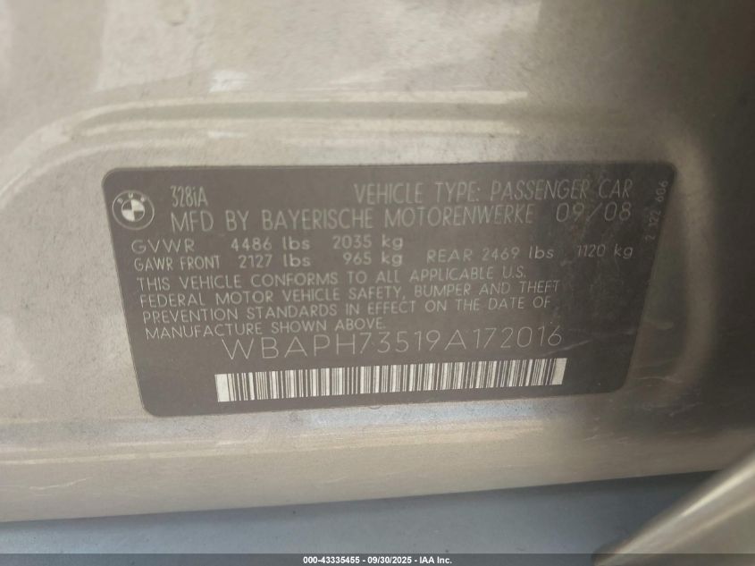2009 BMW 328I VIN: WBAPH73519A172016 Lot: 43335455