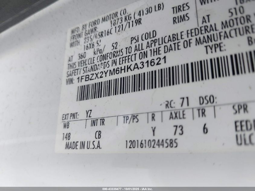 2017 Ford Transit-350 Xlt VIN: 1FBZX2YM6HKA31621 Lot: 43335477