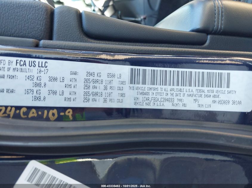 2018 Jeep Grand Cherokee Limited 4X4 VIN: 1C4RJFBGXJC204693 Lot: 43335482