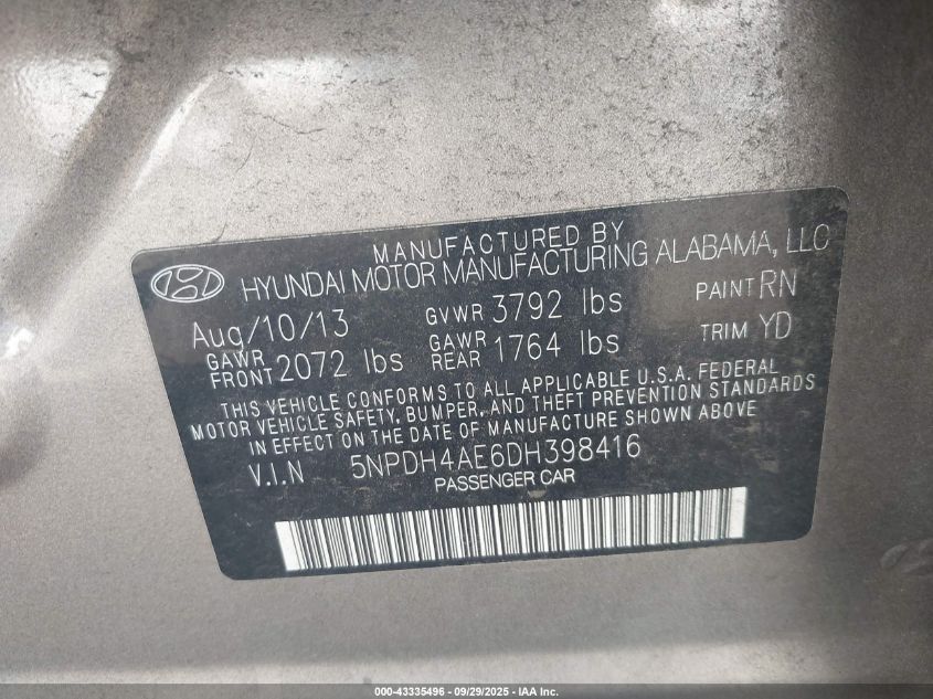 2013 Hyundai Elantra Gls VIN: 5NPDH4AE6DH398416 Lot: 43335496