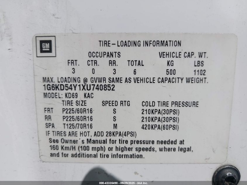 1999 Cadillac Deville Standard VIN: 1G6KD54Y1XU740852 Lot: 43335498