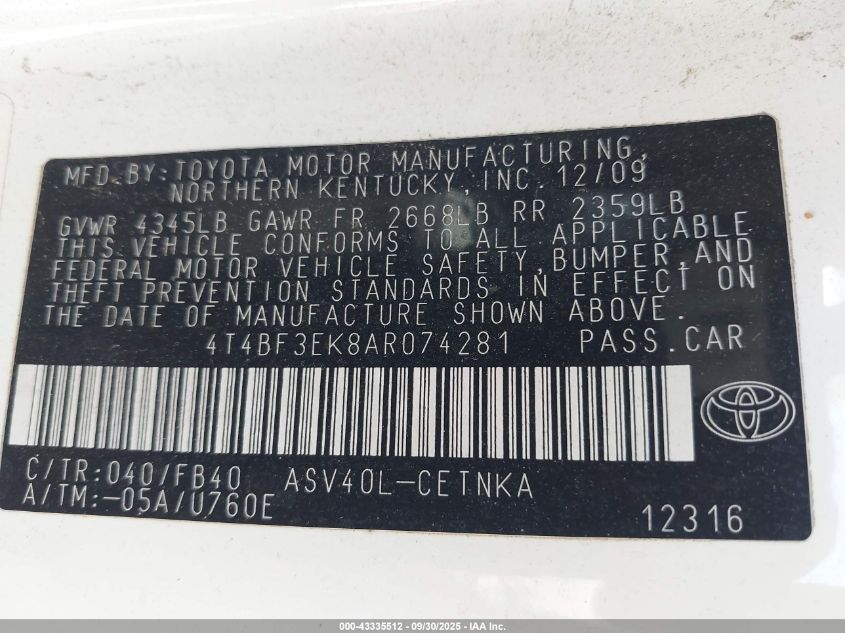 2010 Toyota Camry VIN: 4T4BF3EK8AR074281 Lot: 43335512