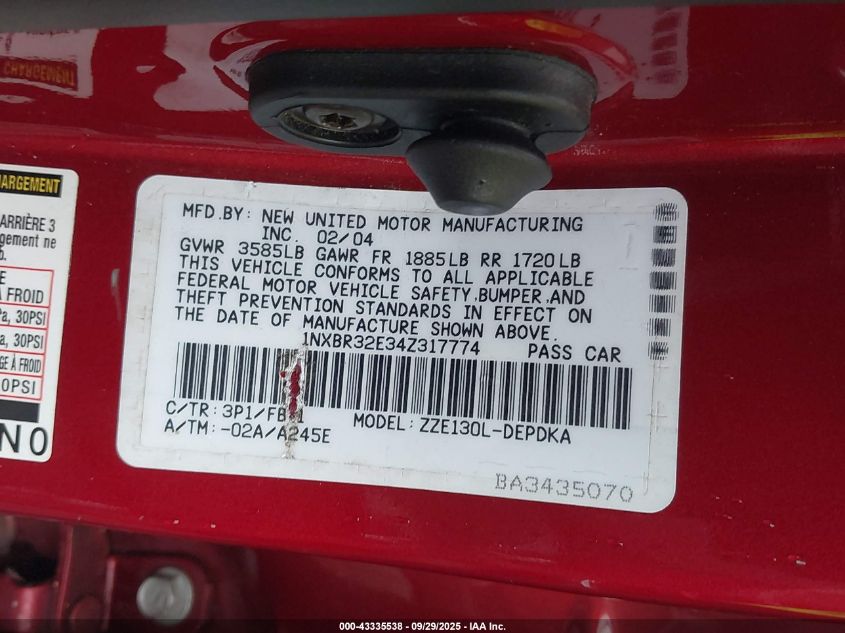 2004 Toyota Corolla Ce VIN: 1NXBR32E34Z317774 Lot: 43335538