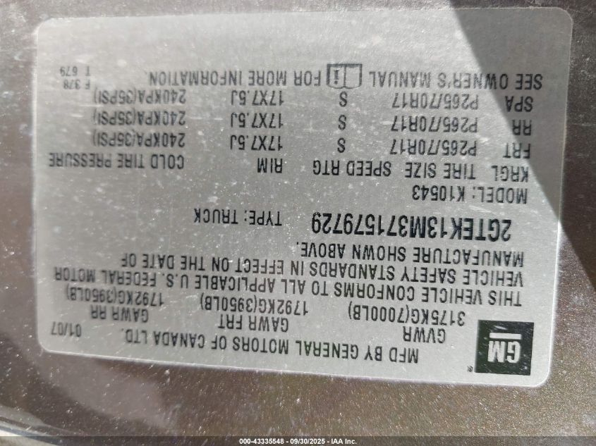 2007 GMC Sierra 1500 Sle1 VIN: 2GTEK13M371579729 Lot: 43335548