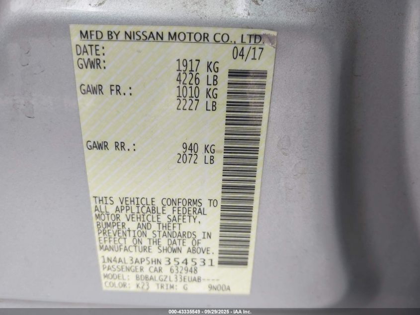 2017 Nissan Altima 2.5 S VIN: 1N4AL3AP5HN354531 Lot: 43335549