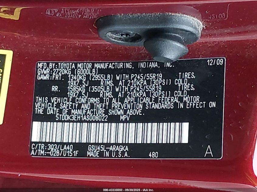 2010 Toyota Highlander Limited V6 VIN: 5TDDK3EH1AS008022 Lot: 43335550