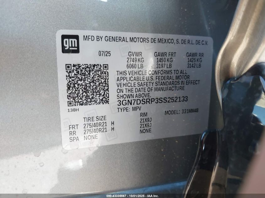 2025 Chevrolet Equinox Ev Rs VIN: 3GN7DSRP3SS252133 Lot: 43335567