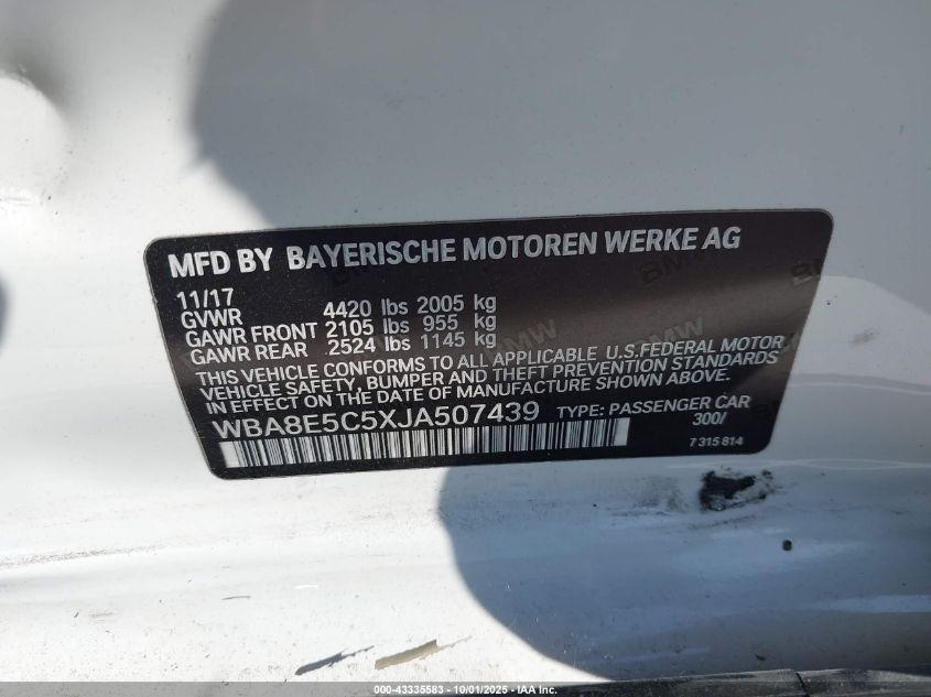 2018 BMW 328D VIN: WBA8E5C5XJA507439 Lot: 43335583