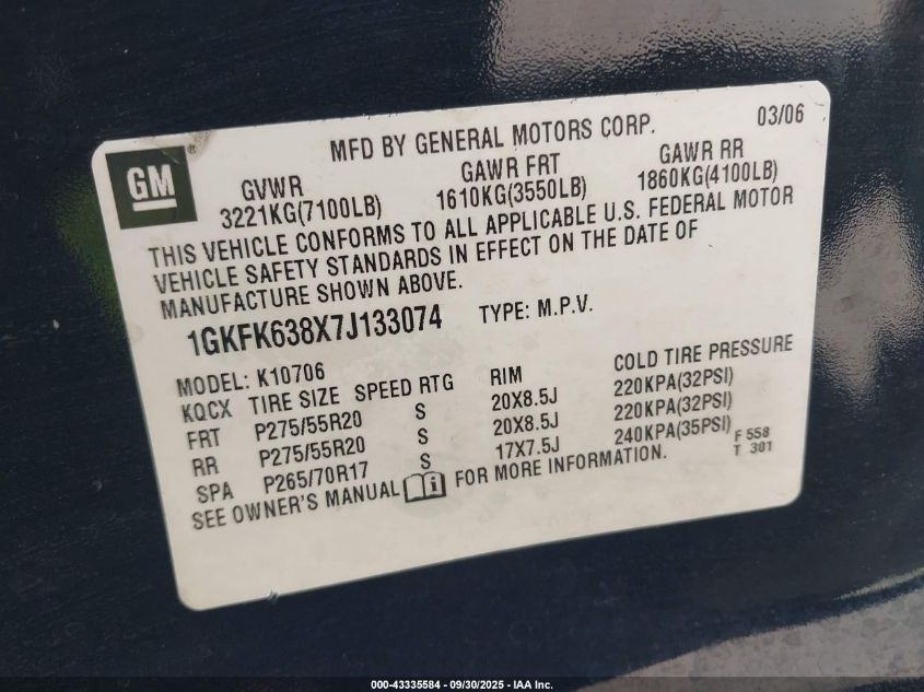 2007 GMC Yukon Denali VIN: 1GKFK638X7J133074 Lot: 43335584