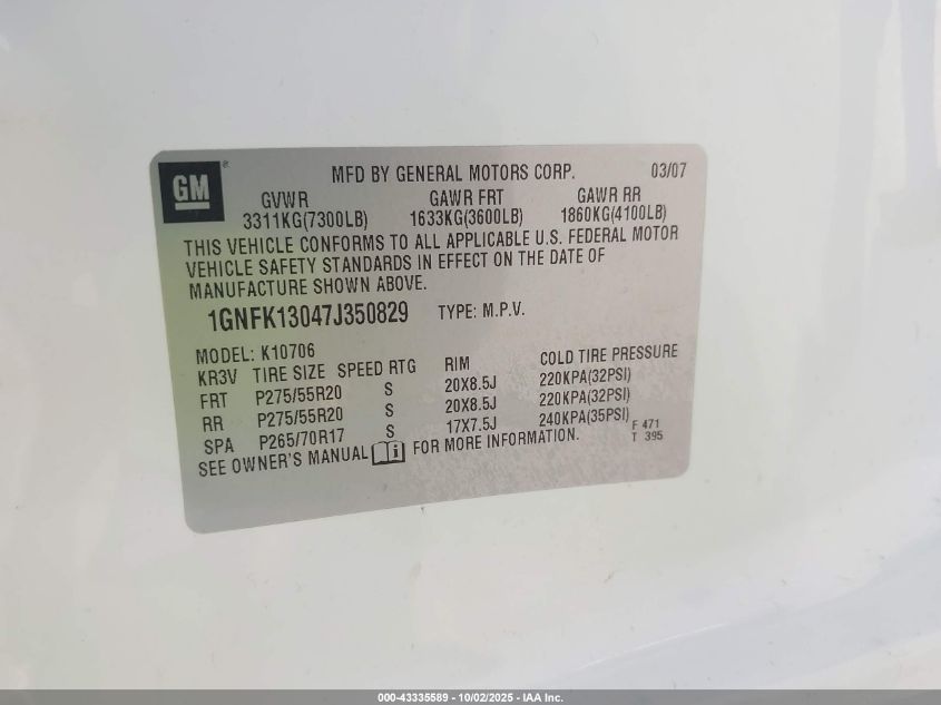 2007 Chevrolet Tahoe Ltz VIN: 1GNFK13047J350829 Lot: 43335589