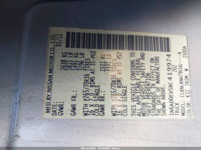 2011 Nissan Frontier S VIN: 1N6AD0EV5BC419974 Lot: 43335592