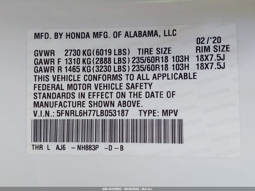 2020 Honda Odyssey Ex-L/Ex-L W/Navi Res VIN: 5FNRL6H77LB053187 Lot: 43335593