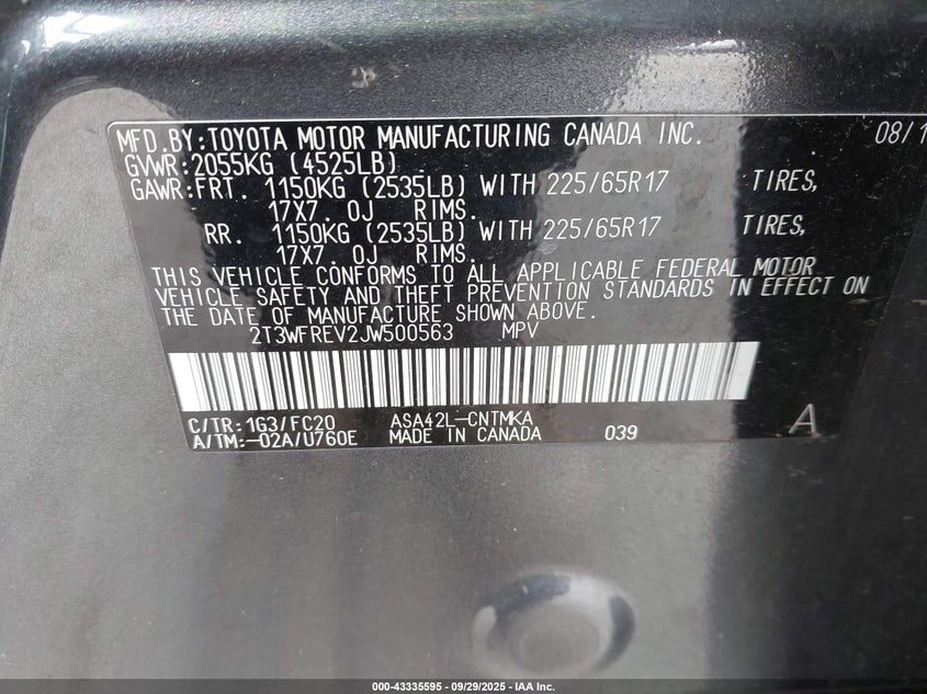 2018 Toyota Rav4 Xle VIN: 2T3WFREV2JW500563 Lot: 43335595