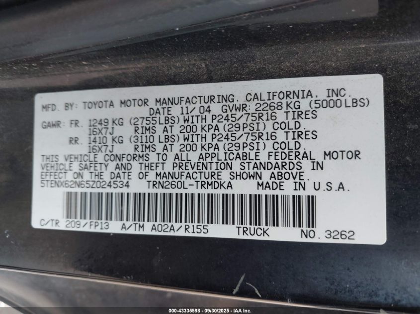 2005 Toyota Tacoma Prerunner VIN: 5TENX62N65Z024534 Lot: 43335598