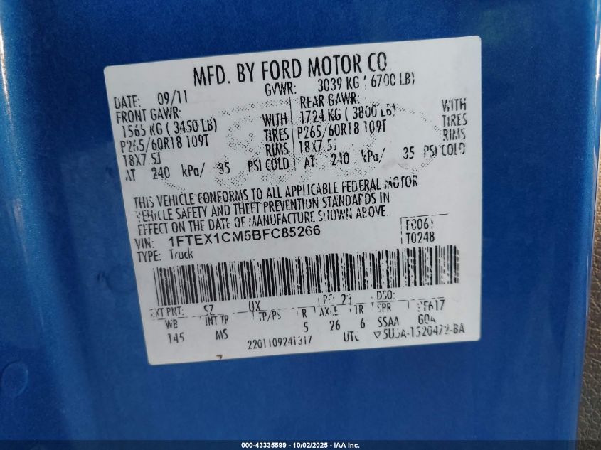 2011 Ford F-150 Xlt VIN: 1FTEX1CM5BFC85266 Lot: 43335599