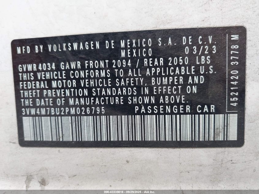 2023 Volkswagen Jetta 1.5T S VIN: 3VW4M7BU2PM026795 Lot: 43335616