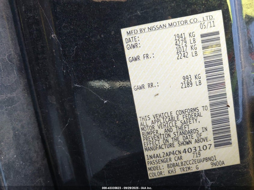 2012 Nissan Altima 2.5 S VIN: 1N4AL2AP4CN403107 Lot: 43335623