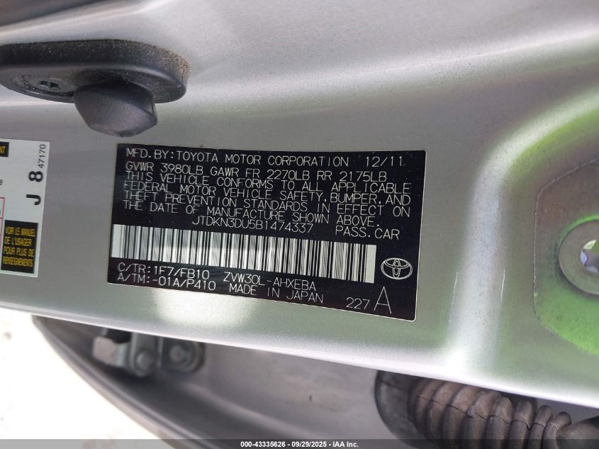 2011 Toyota Prius Two VIN: JTDKN3DU5B1474337 Lot: 43335626