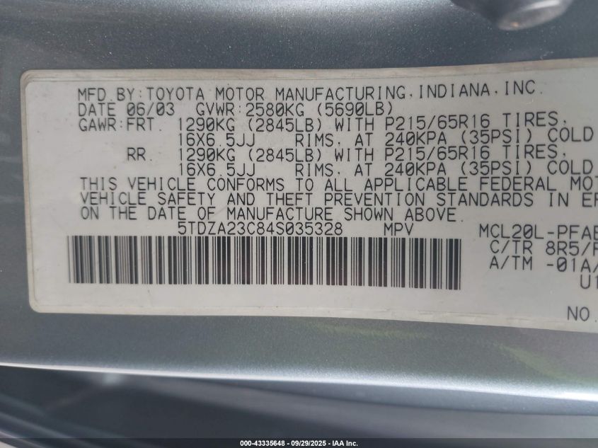 2004 Toyota Sienna Le VIN: 5TDZA23C84S035328 Lot: 43335648