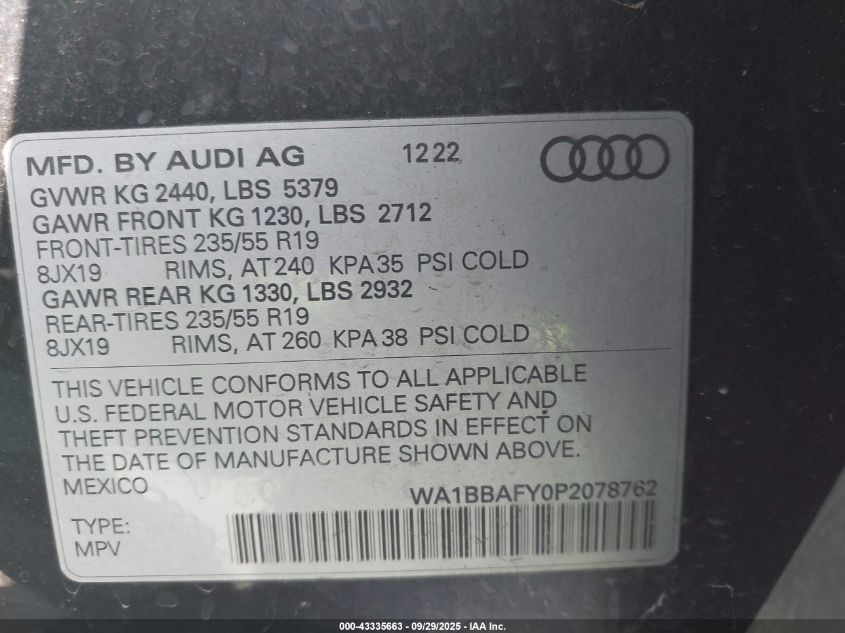 2023 Audi Q5 Premium Plus 40 Tfsi Quattro S Tronic VIN: WA1BBAFY0P2078762 Lot: 43335663